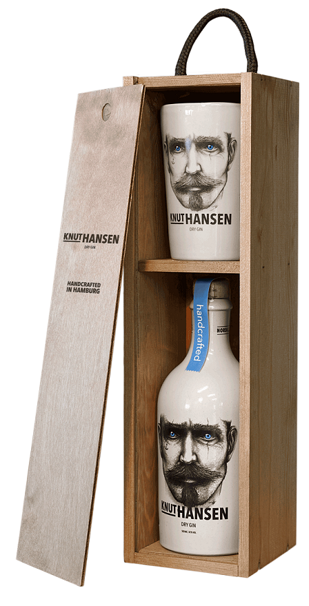 Knut Hansen Dry Gin mit Keramik Becher in Holzgeschenkbox