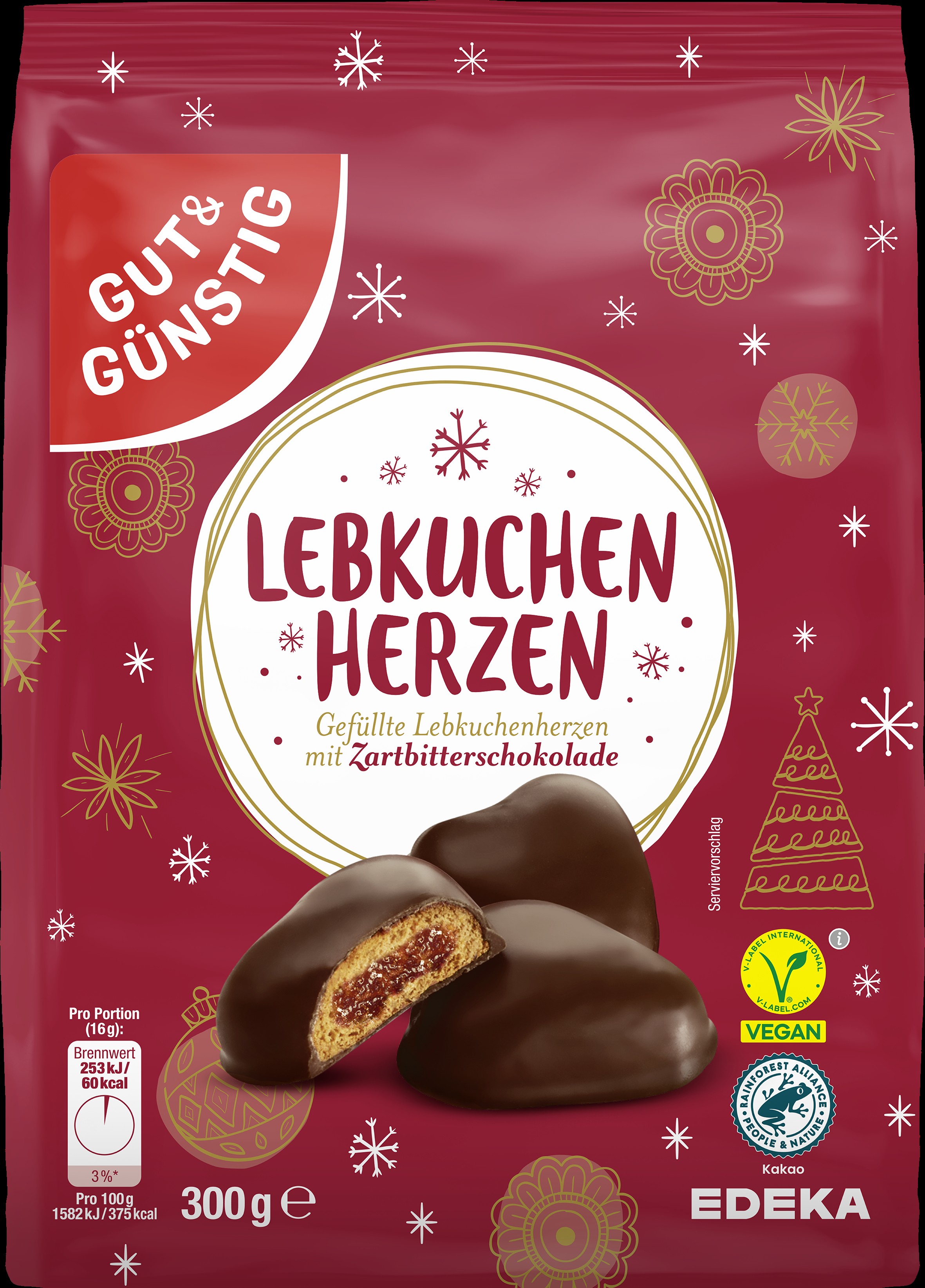 Lebkuchenherzen Zartbitter gefüllt 300 g