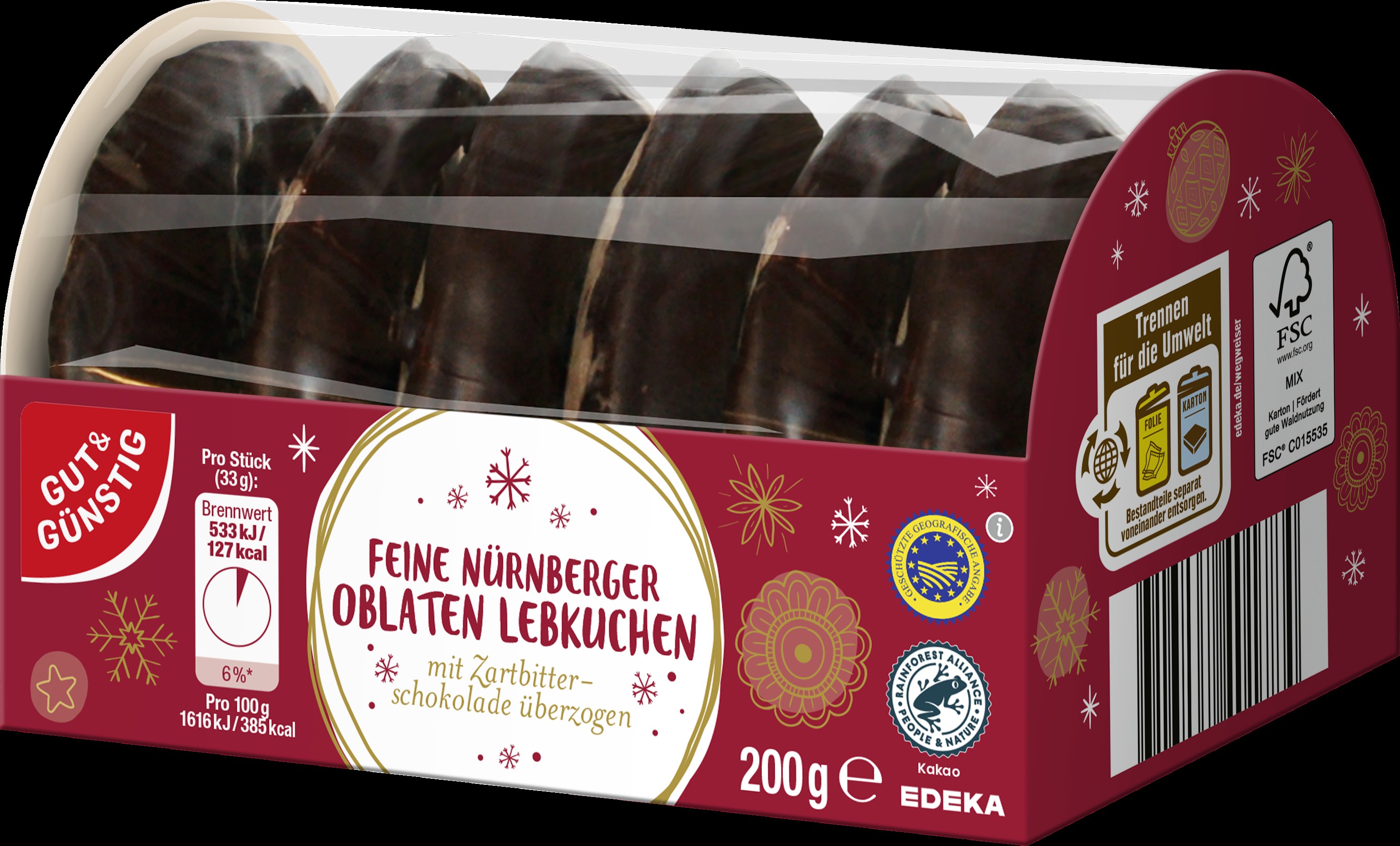 Oblatenlebkuchen mit Zartbitter-Schokolade 200 g
