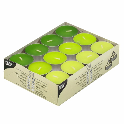 Teelight asso. colors Ø3,8cm H=1,6cm green, kiwi, maygreen, 24pc