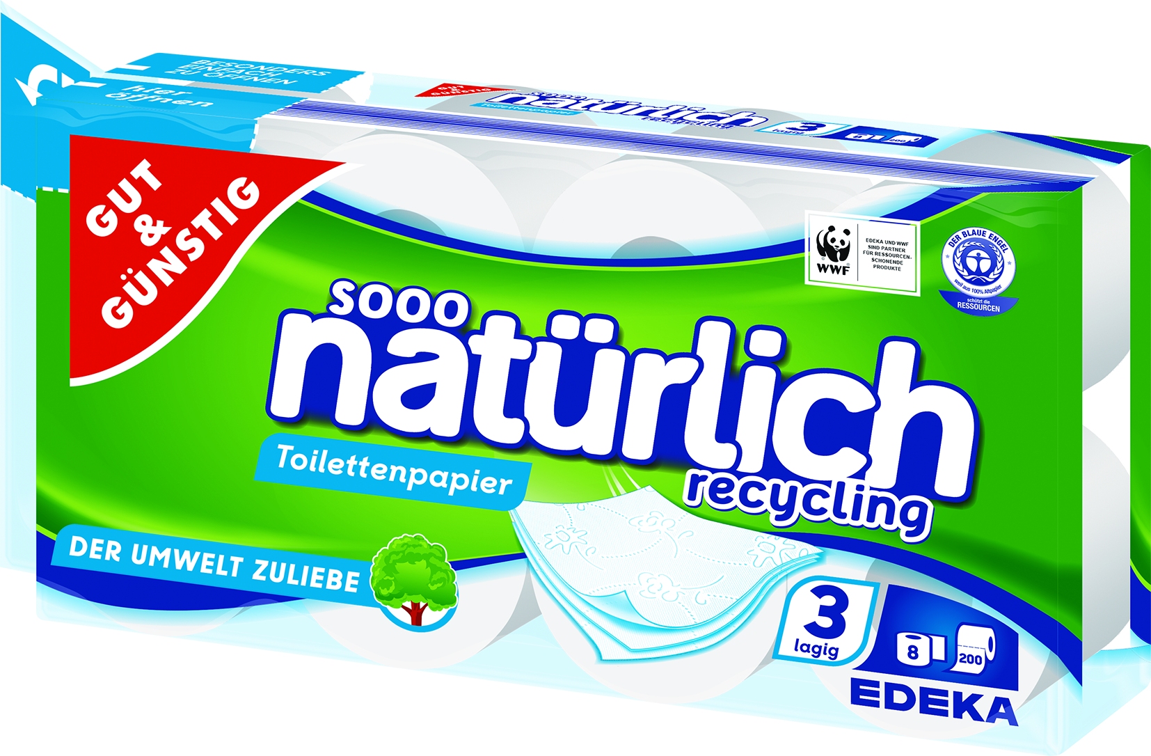 Toilettenpapier, 3-lag, Rec. 8x200Blatt